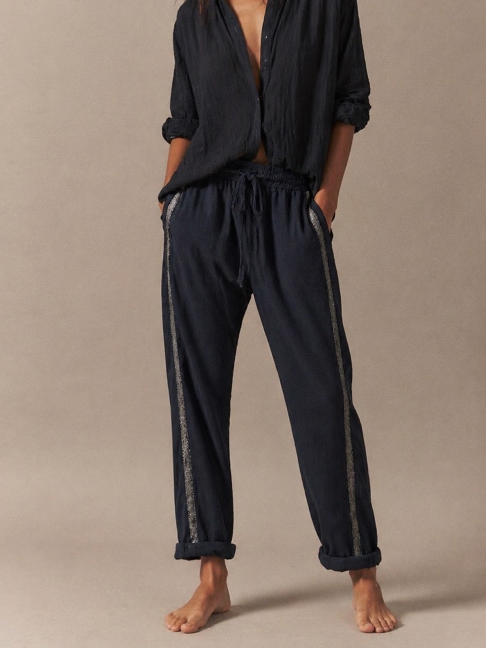 Xirena navy shimmer side stripe rex pant